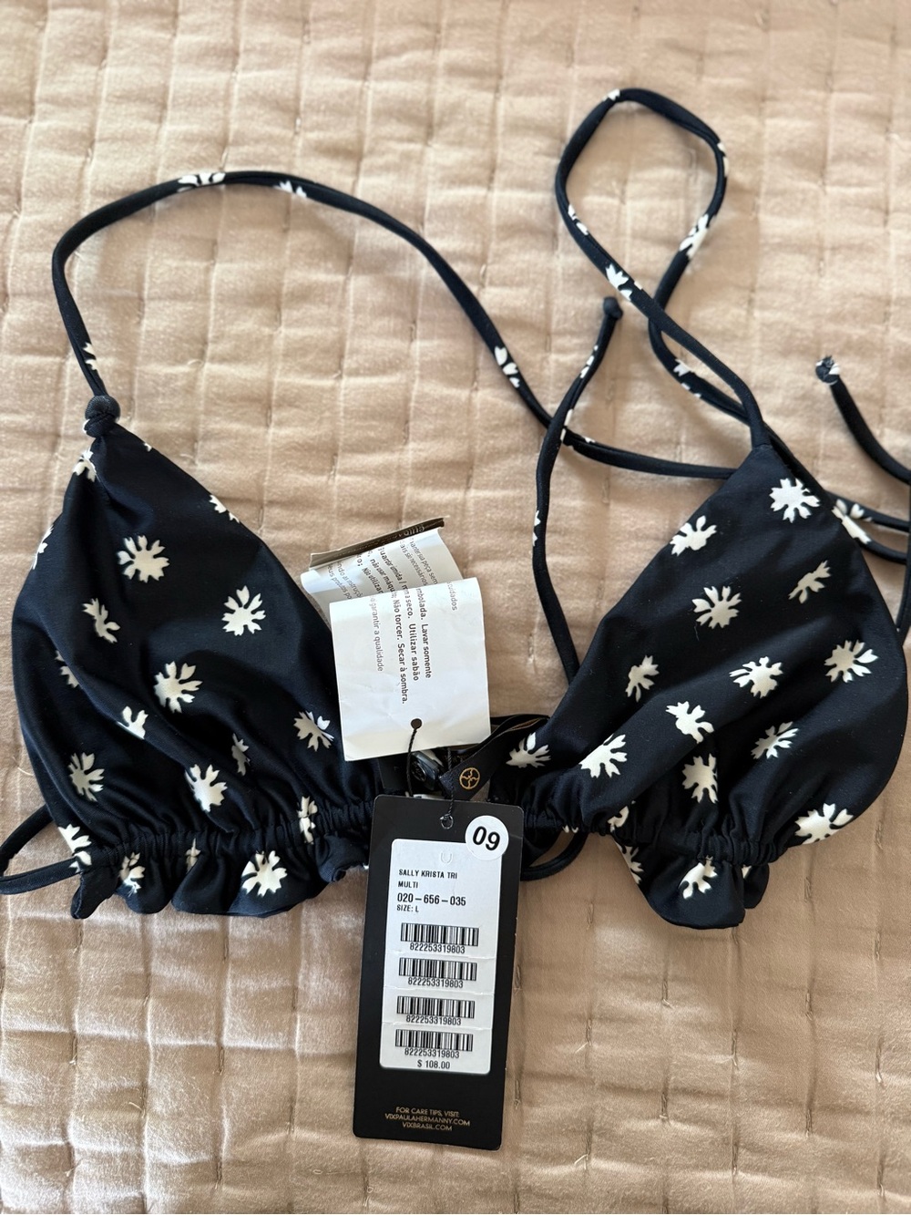 Black Floral Triangle Bikini Top with White Daisy Print - Women